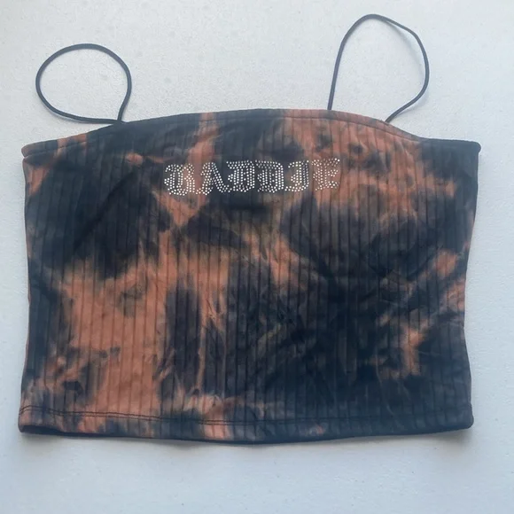 3/$12 Rue21 crop top tie dye print ribbed cropped bling BADDIE on front L jrs - Picture 13 of 13